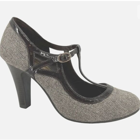 DexFlex Comfort SZ 8.5 Herringbone Tweed T-Strap Mary Jane Academia Office Prepp - Picture 1 of 10